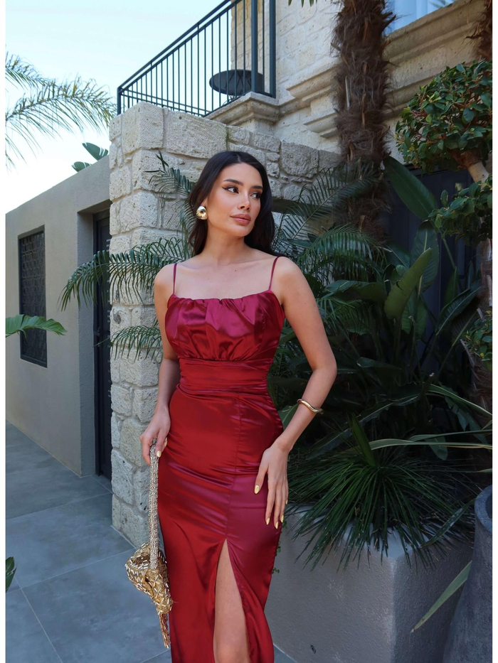 Askılı Bel Drape Saten Elbise
