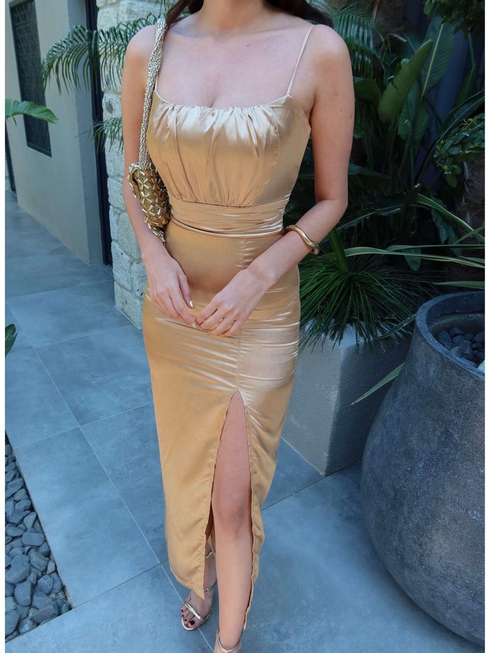 Askılı Bel Drape Saten Elbise