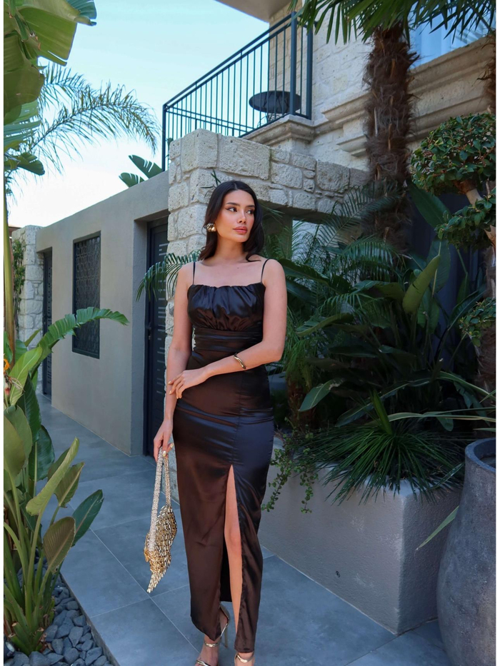 Askılı Bel Drape Saten Elbise
