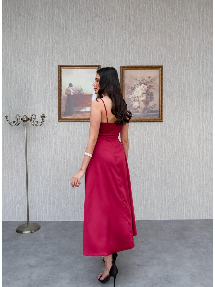 Askılı Saten Midi Elbise