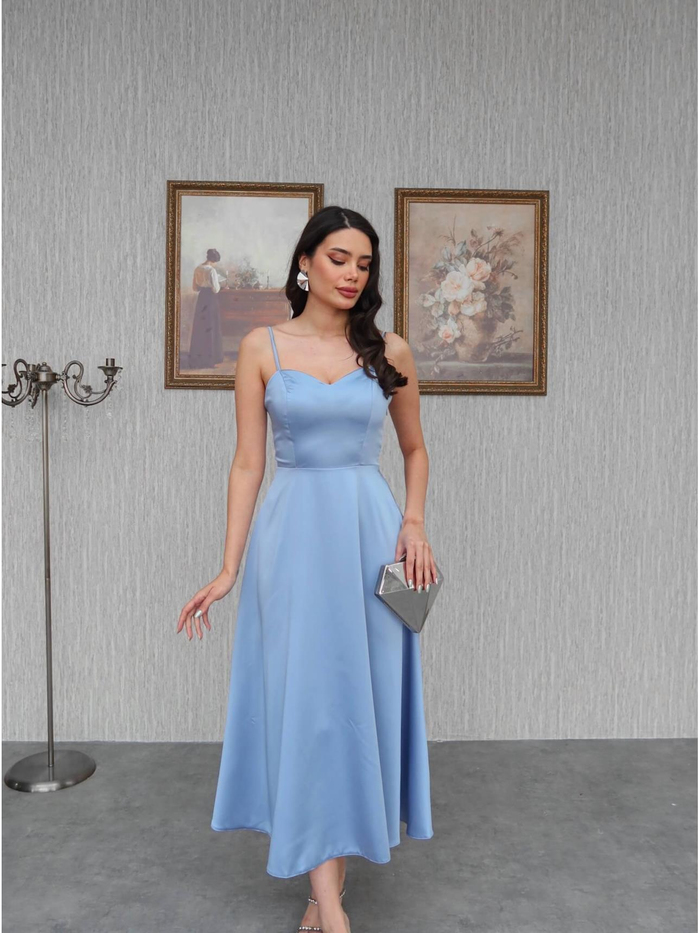 Askılı Saten Midi Elbise