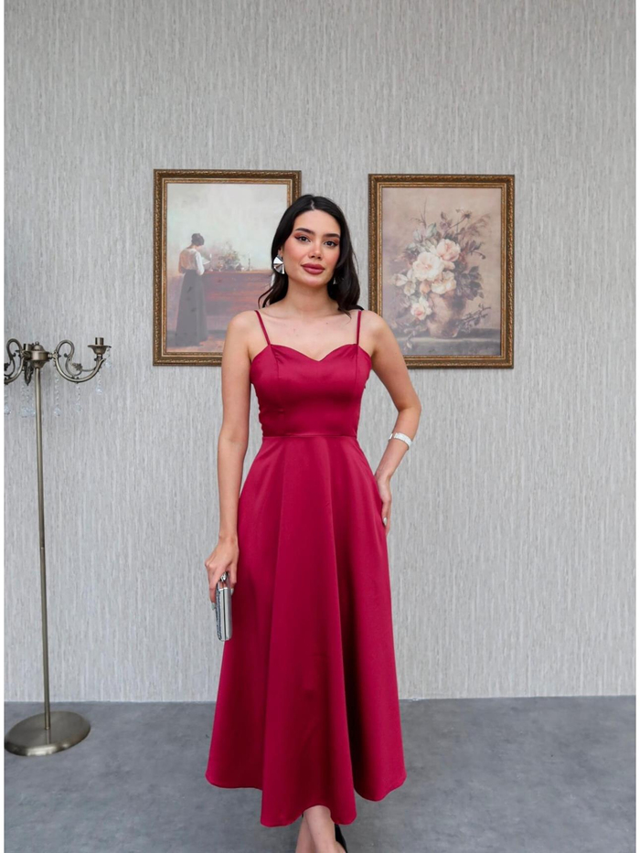Askılı Saten Midi Elbise