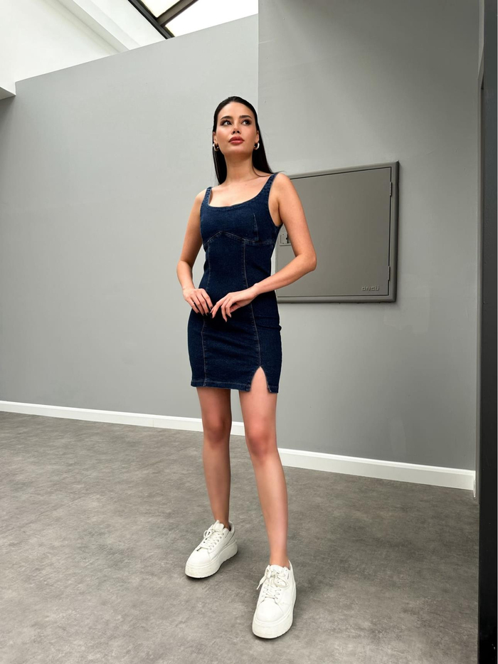Askılı Sitting On Body Kot Mini Elbise
