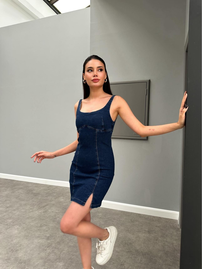 Askılı Sitting On Body Kot Mini Elbise