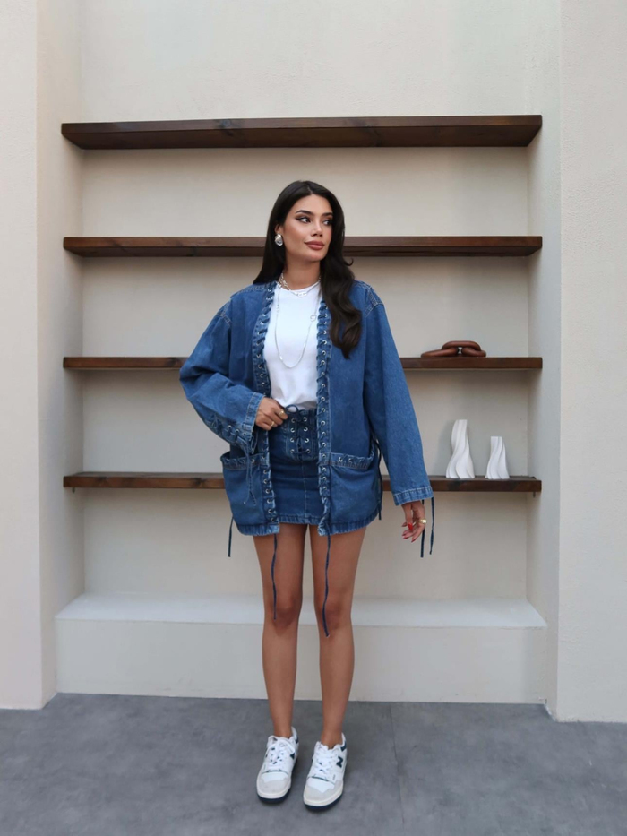 Bağcık Tasarım Etekli Denim Takım