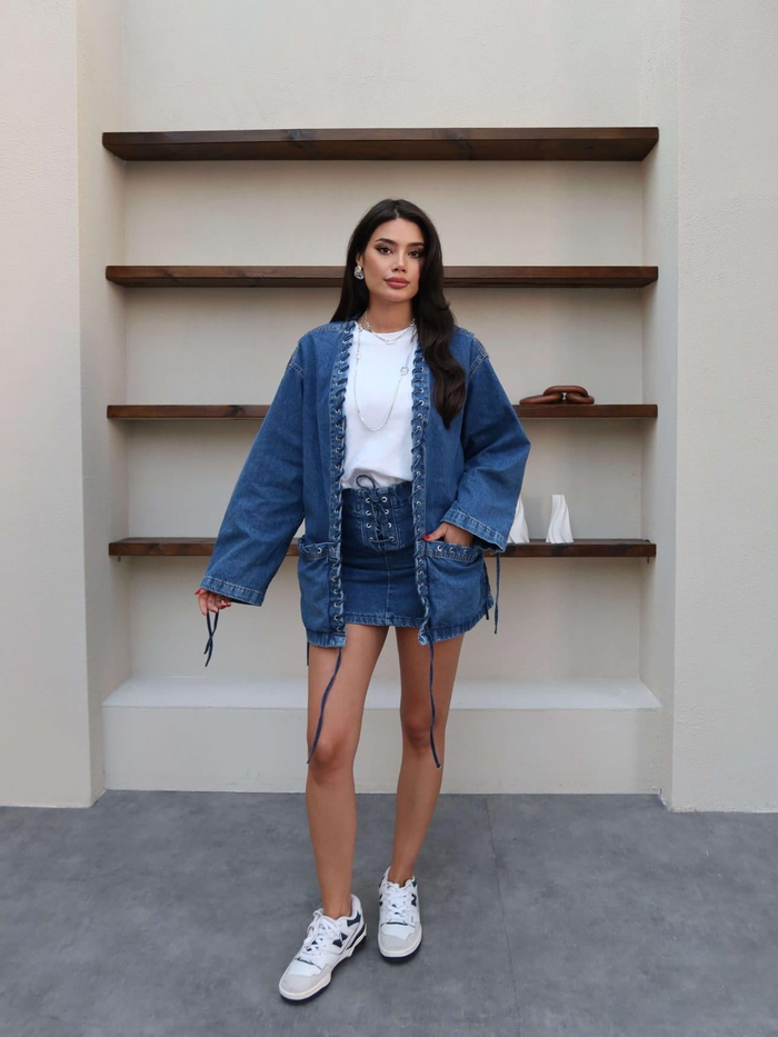 Bağcık Tasarım Etekli Denim Takım