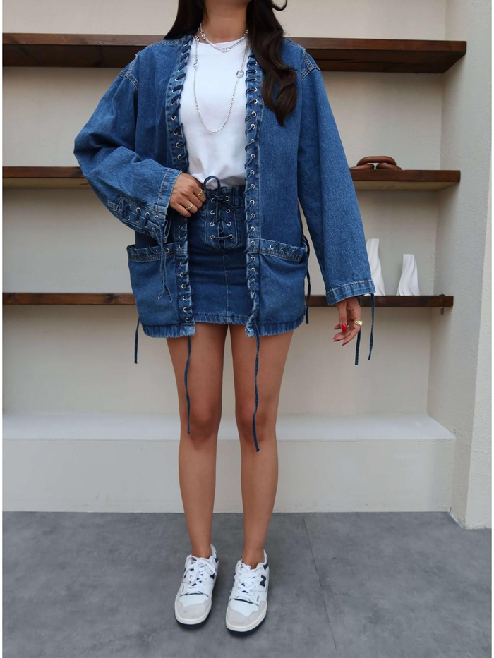 Bağcık Tasarım Etekli Denim Takım