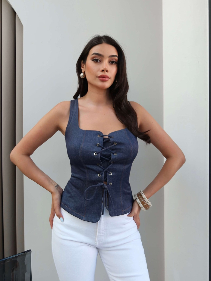 Bağcıklı Denim Korse Bluz