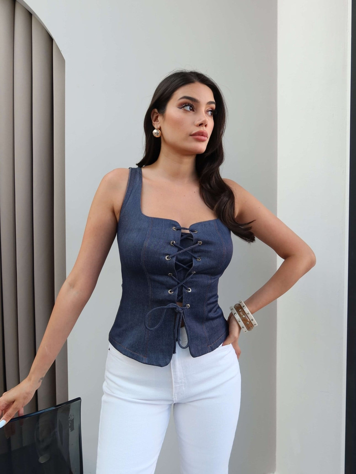 Bağcıklı Denim Korse Bluz