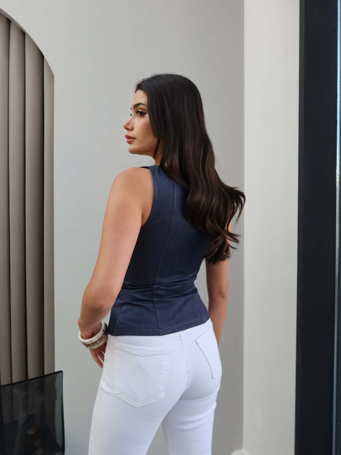 Bağcıklı Denim Korse Bluz