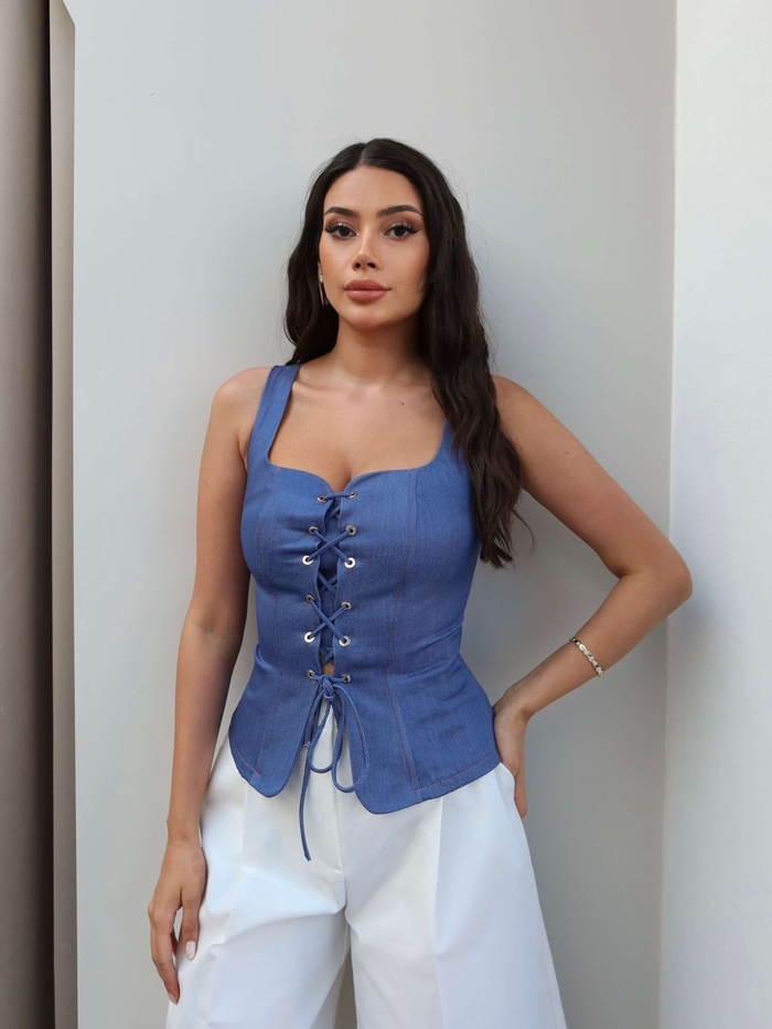 Bağcıklı Denim Korse Bluz