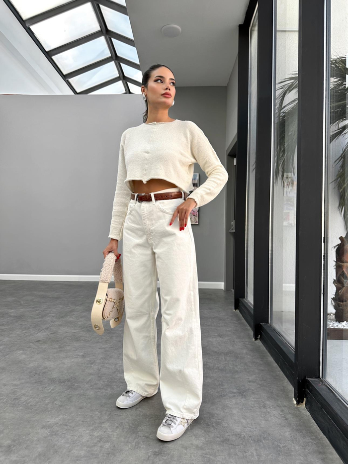 Baggy Paça Pensli Ekru Jean