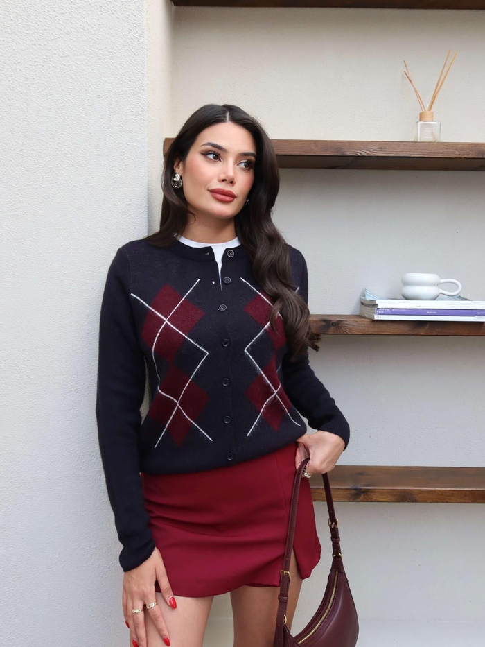 Baklava Desen Düğmeli Hırka