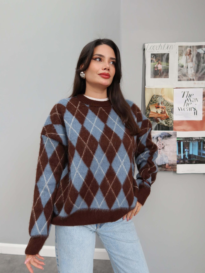 Baklava Desenli Oversize Dokulu Kazak