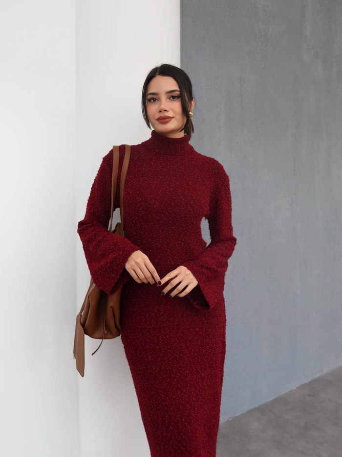 Balıkçı Yaka Dokulu Uzun Elbise