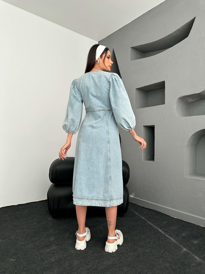 Balon Kol Denim Elbise