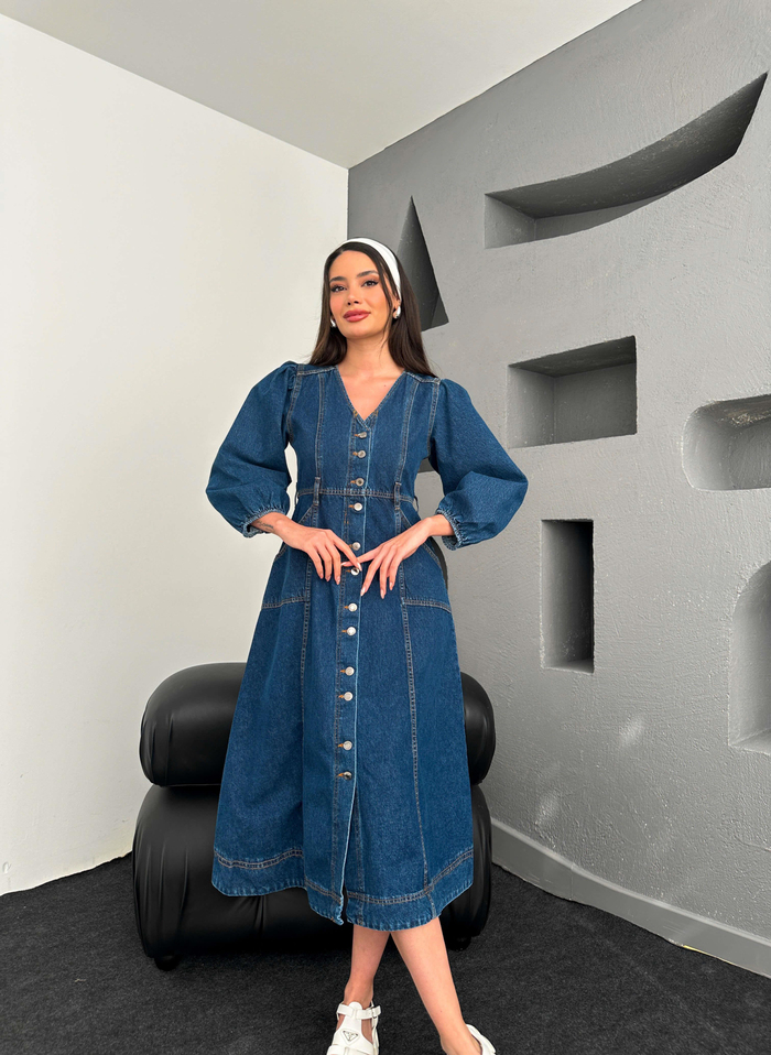 Balon Kol Denim Elbise