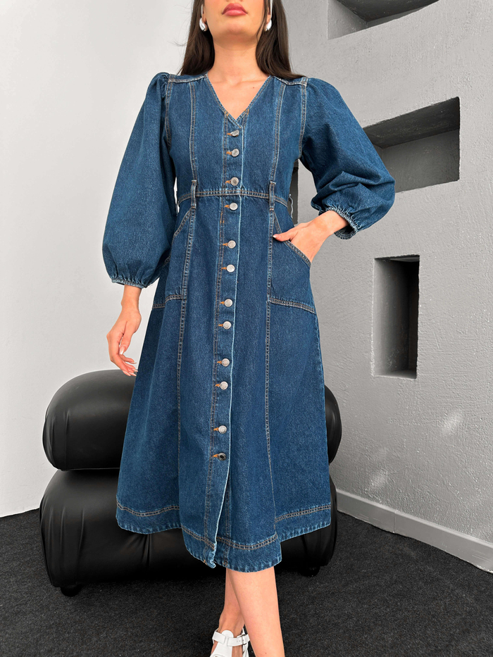 Balon Kol Denim Elbise