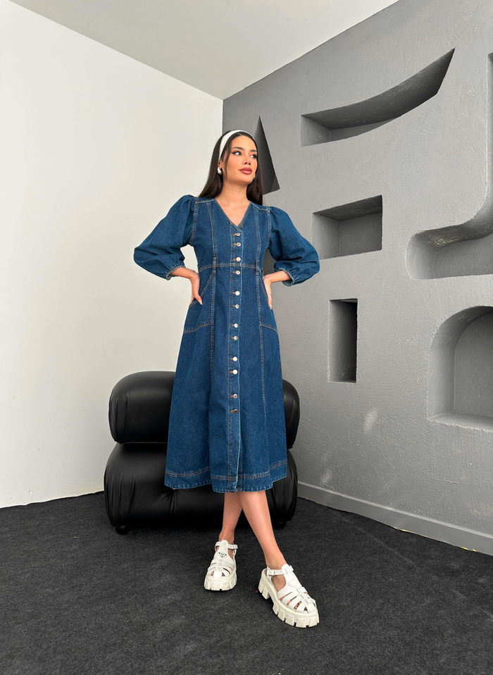 Balon Kol Denim Elbise