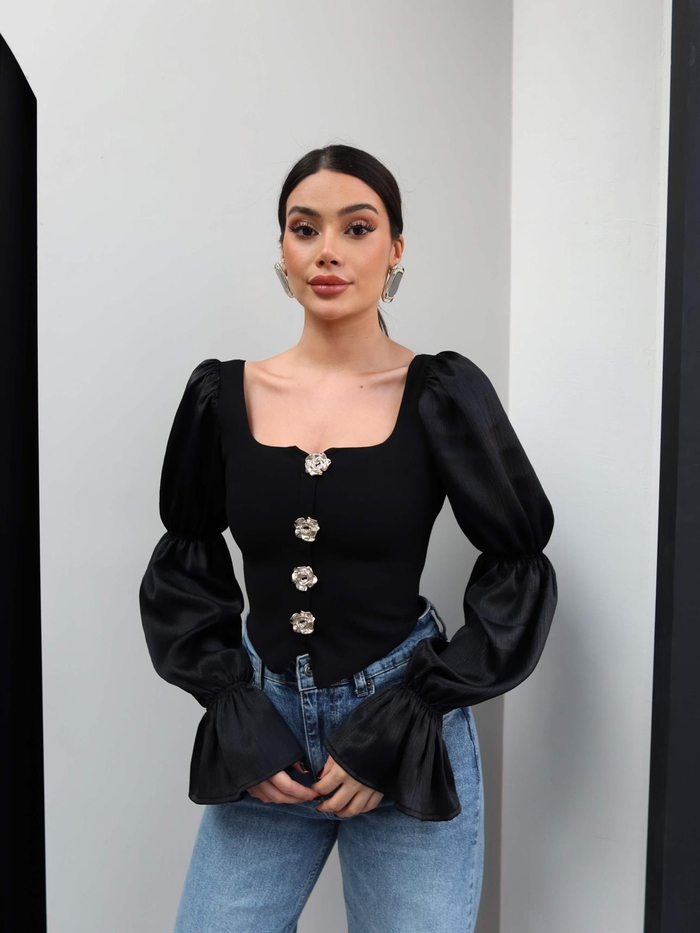 Balon Kol Gold Düğmeli Bluz