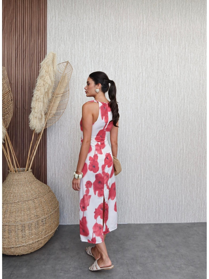 Batik Çiçek Desen Midi Elbise
