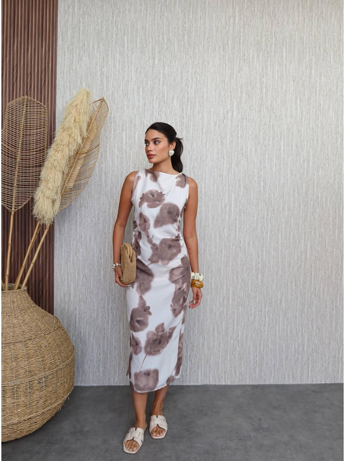 Batik Çiçek Desen Midi Elbise