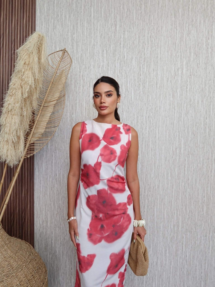 Batik Çiçek Desen Midi Elbise