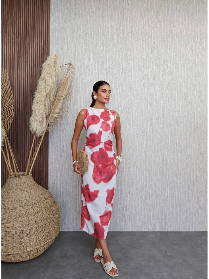 Batik Çiçek Desen Midi Elbise