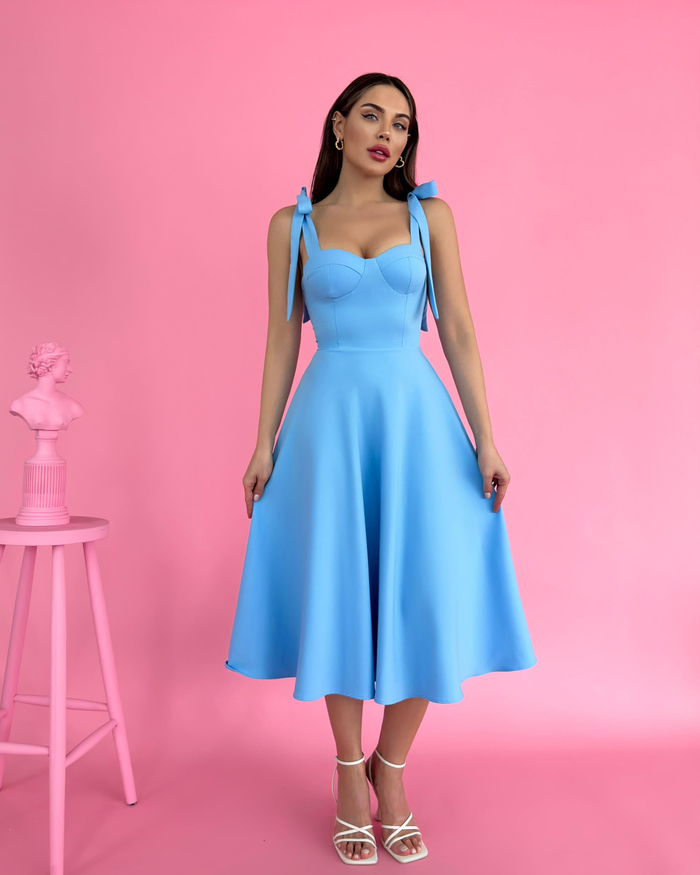 Bebe Mavi Omuzdan Bağlamalı Midi Elbise