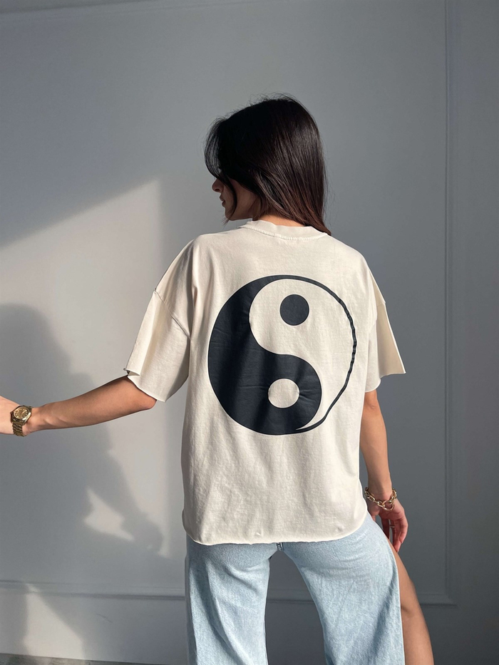 Bej Arka Baskılı Basic Tshirt