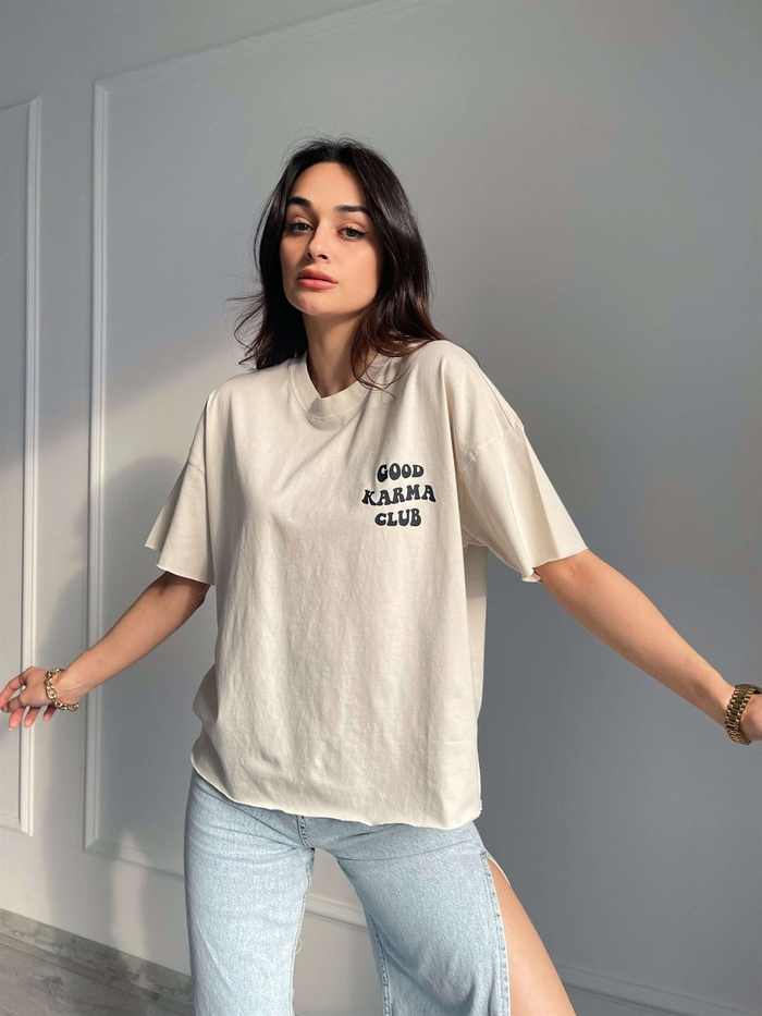 Bej Arka Baskılı Basic Tshirt