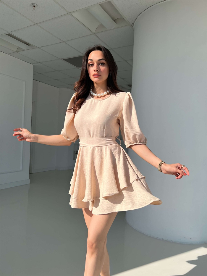 Bej Eteği Şortlu Mini Elbise