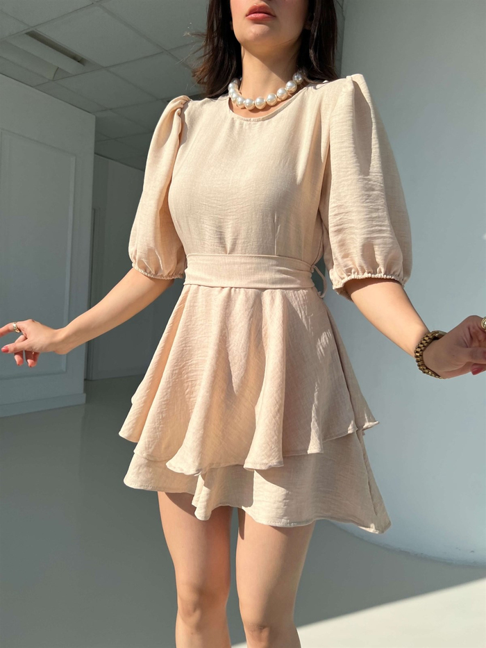Bej Eteği Şortlu Mini Elbise
