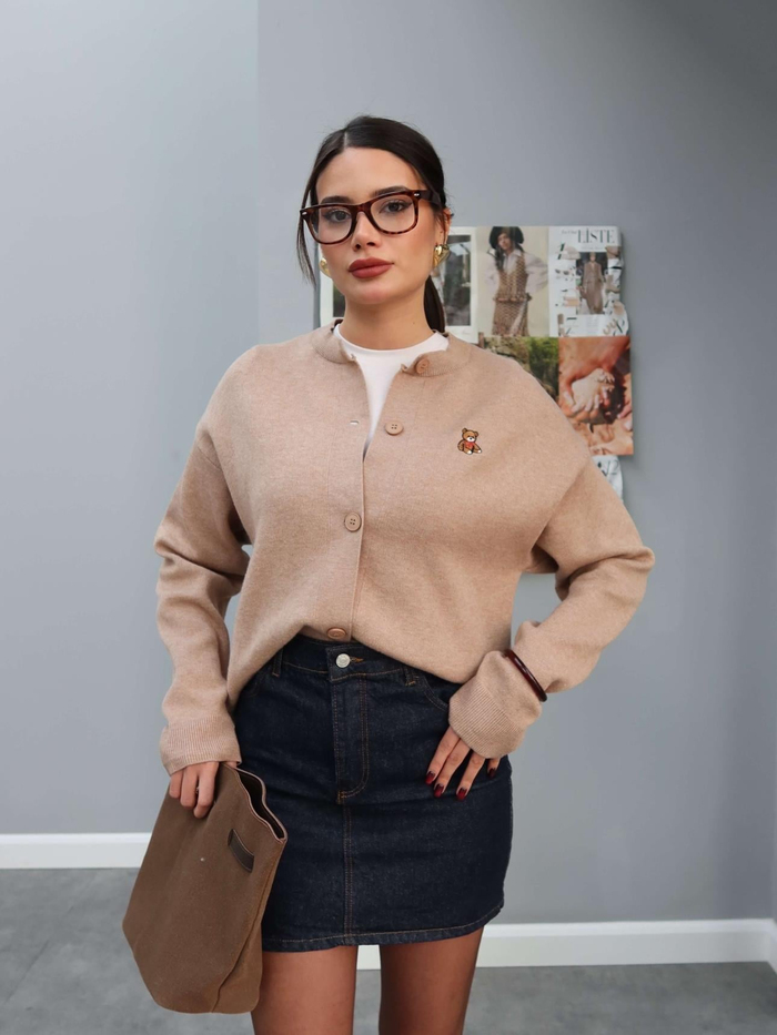 Bej Teddy Bear Nakışlı Hırka