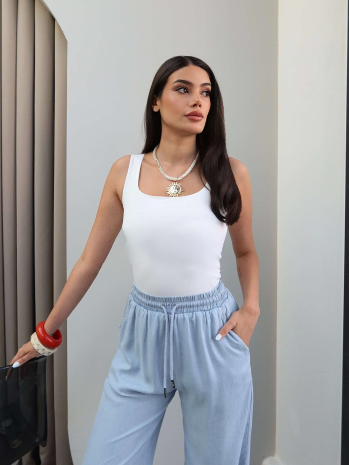 Bel Bağcıklı Geniş Paça Pantolon