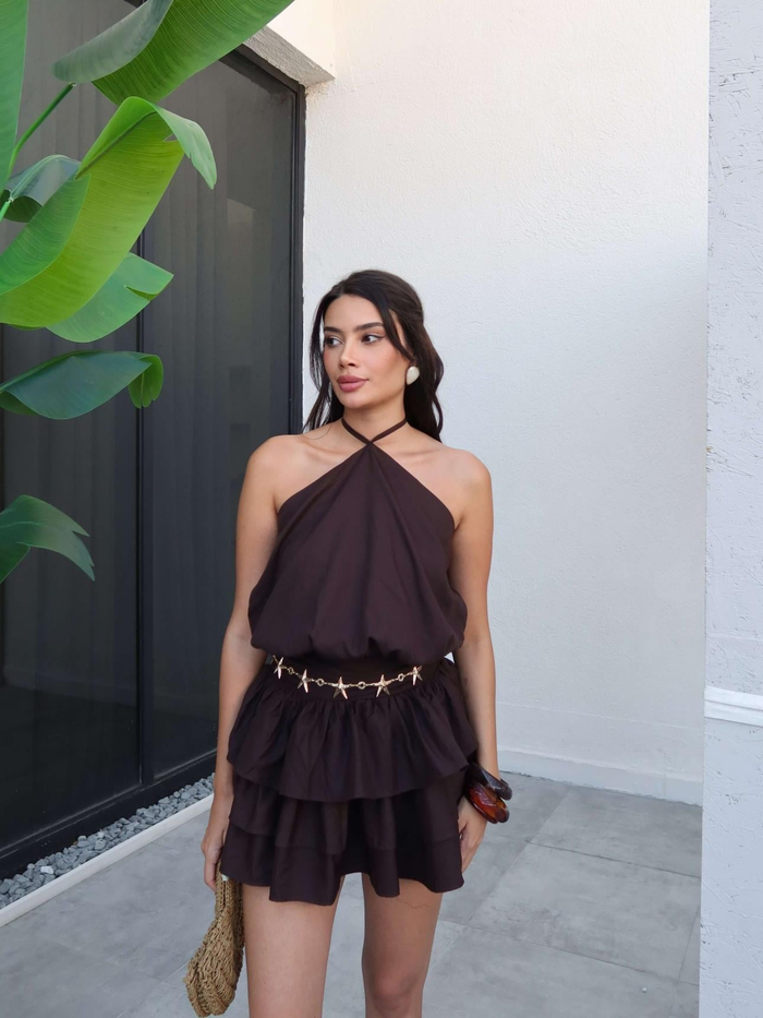 Bel Drape İp Bağlamalı Mini Elbise