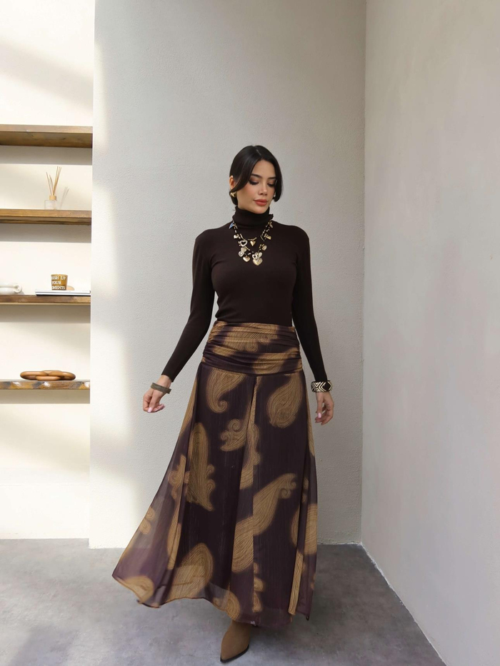 Bel Drape Simli Şifon Etek