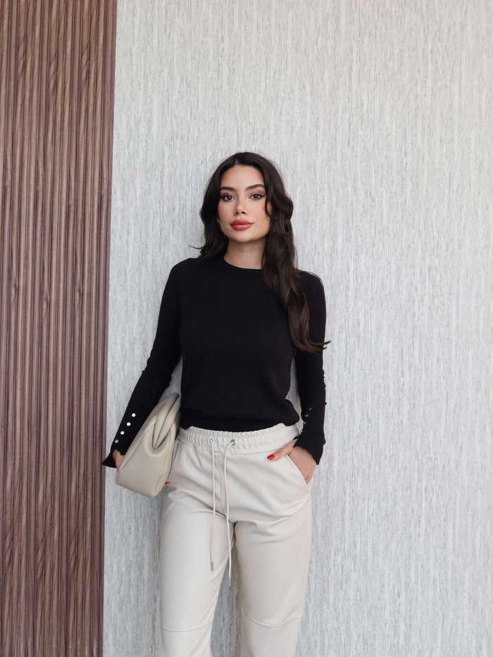 Bel Lastik Dikiş Detaylı Deri Pantolon