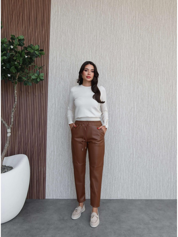 Bel Lastik Dikiş Detaylı Deri Pantolon
