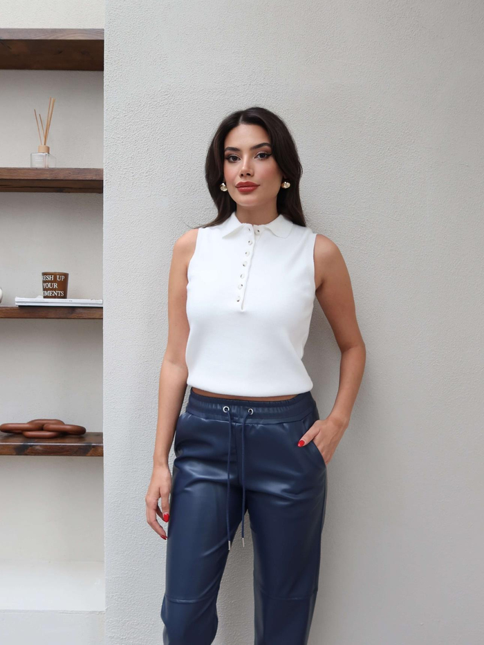 Bel Lastik Dikiş Detaylı Deri Pantolon