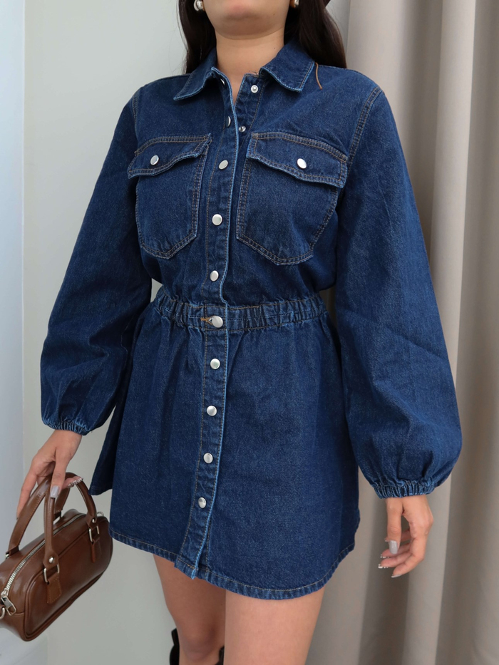 Bel Lastikli Denim Mini Elbise