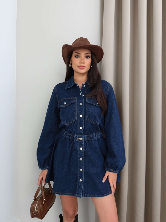 Bel Lastikli Denim Mini Elbise