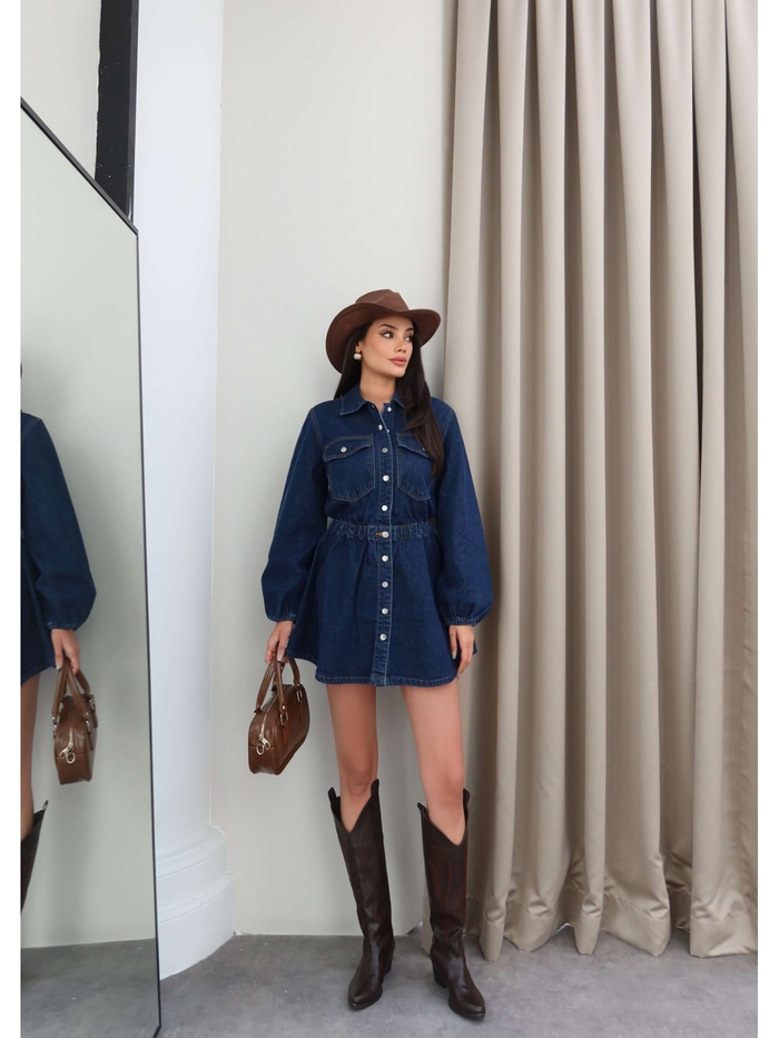 Bel Lastikli Denim Mini Elbise