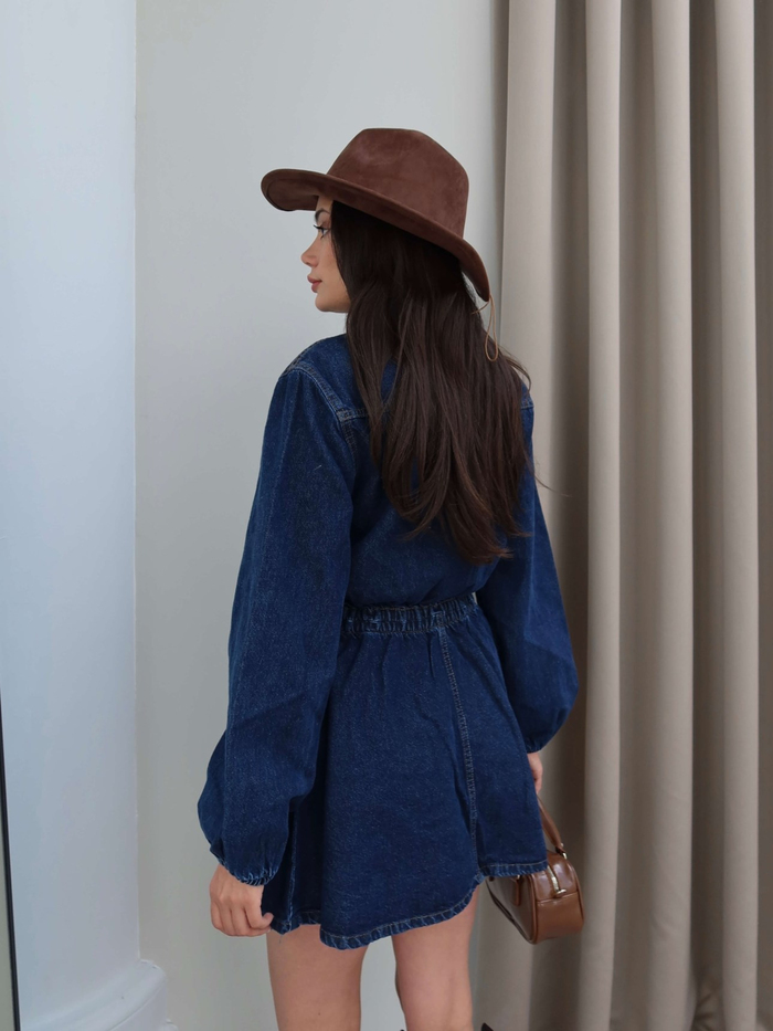 Bel Lastikli Denim Mini Elbise