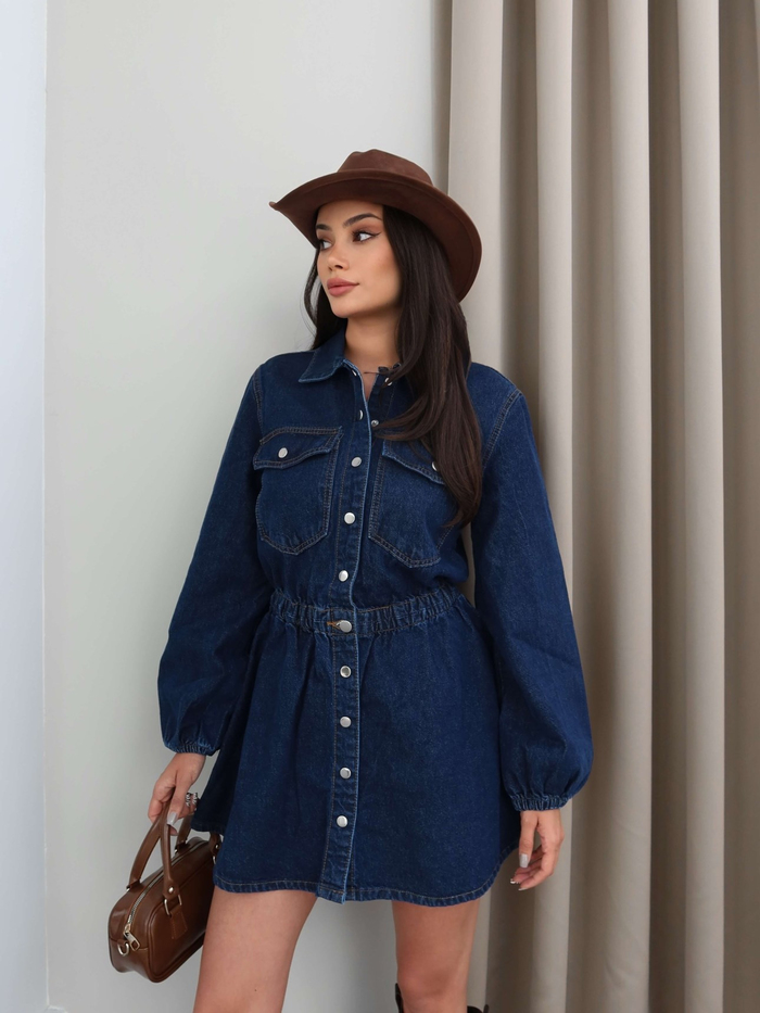 Bel Lastikli Denim Mini Elbise