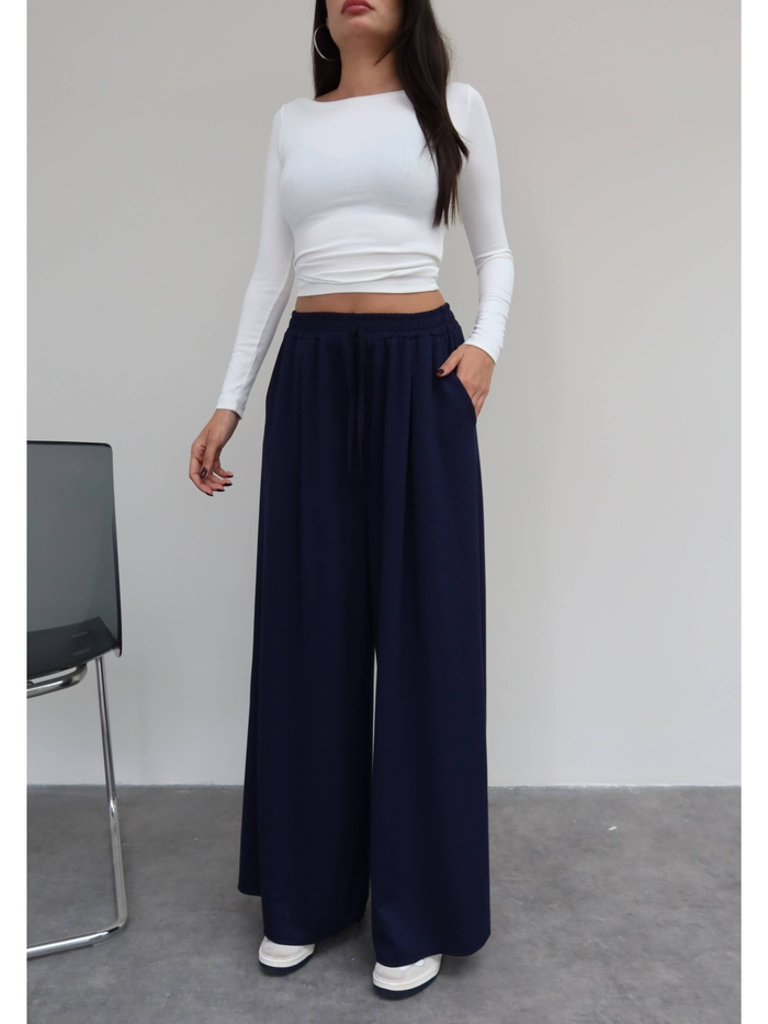 Bel Lastikli Modal Geniş Paça Pantolon