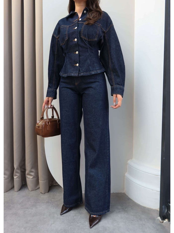 Bel Oturtmalı Denim Ceket Takım