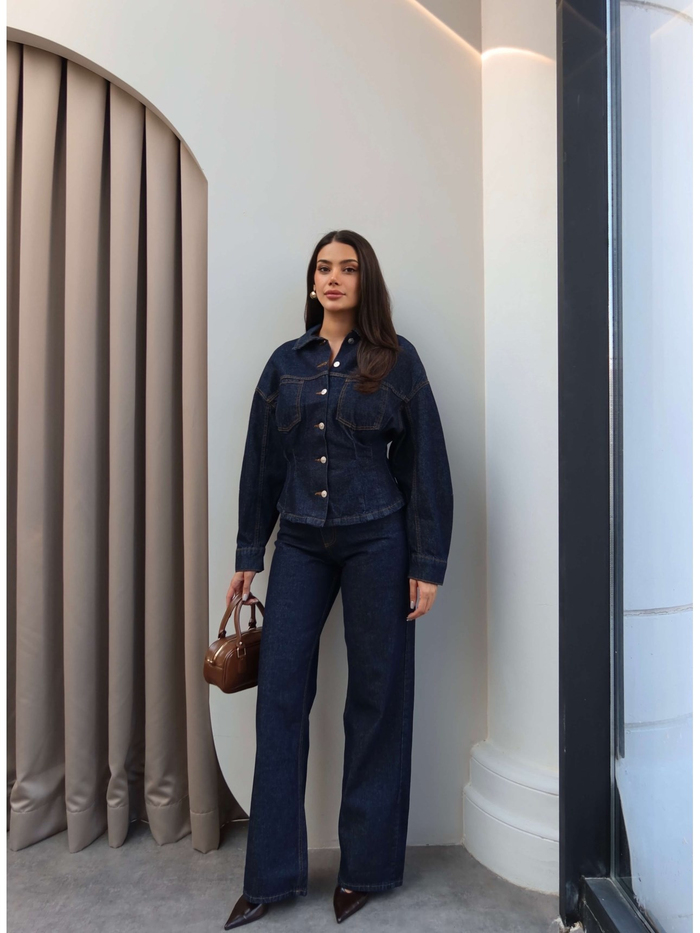 Bel Oturtmalı Denim Ceket Takım