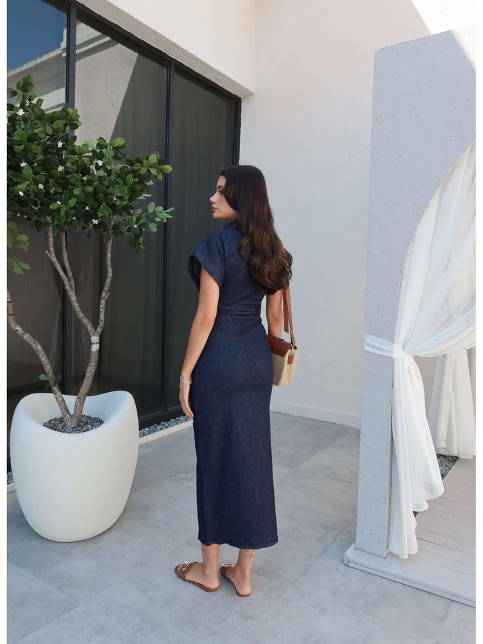 Beli Büzgülü Uzun Denim Elbise