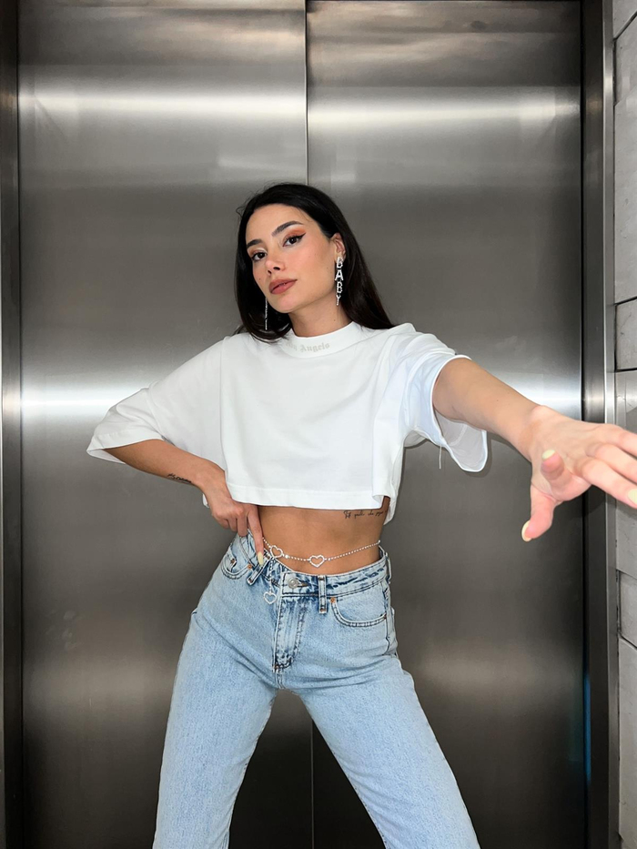 Beyaz Angels Baskılı Crop Tshirt